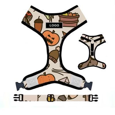 Dog Harness Halloween Pumpkin Custom Print Reversible Reflective Soft Dog Cat Harness, Poo Bag and Leash Set/Dog Collar/New-Fashion