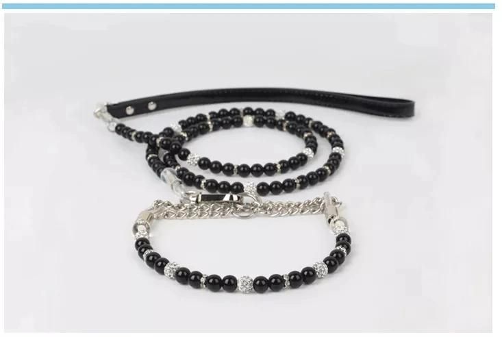 Luxury White Black Jeweled Pearl Dog Collar Chains and Leash Set Pet Accessories Cat Small Dog Lead Necklace