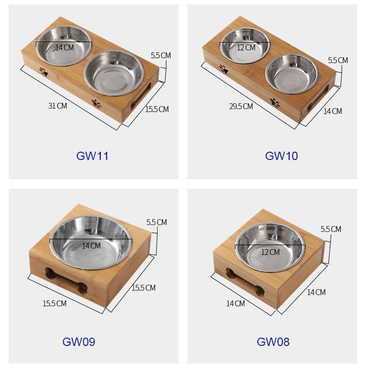 Wood Dog Cat Pet Feeder Stand with Double Bowls Pet Food Feeding Tray