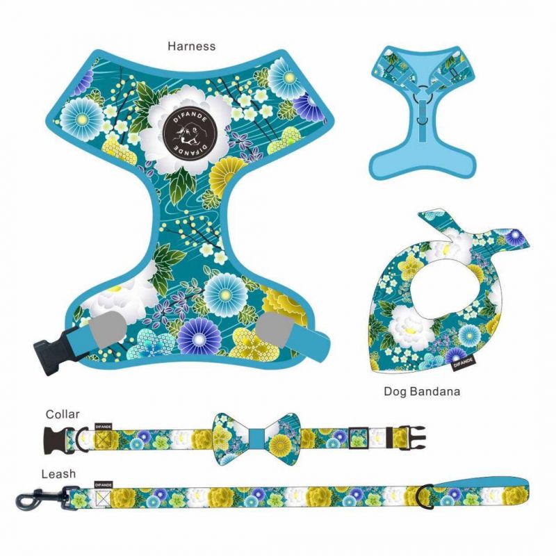 Manufacturers Designer Custom Pattern Luxury Printed Mesh 2 in 1 Reversible Dog Harness Collar Leash Bandana Set