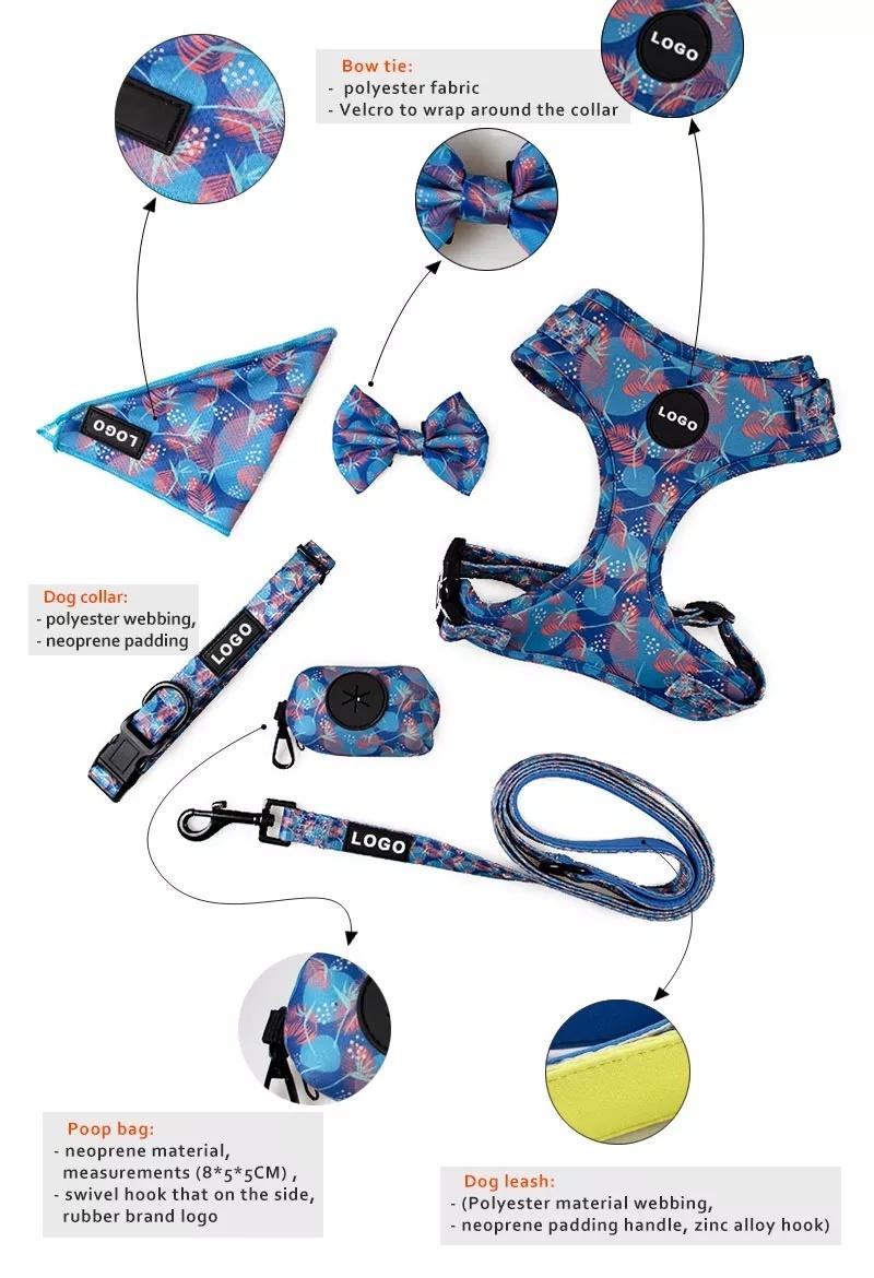 Free Mock up Custom Designs & Logo Adjustable Dog Harness Set with Matching Collar Lead Poop Bag