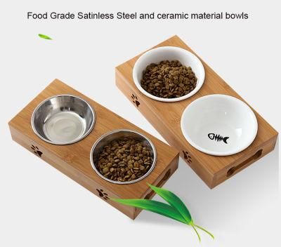 Pet Supplies Bamboo Wood Protect Cervical Spine Water Food Feeder Cat Dog Double Bowl with Wooden Frame and Stainless Steel Bowl