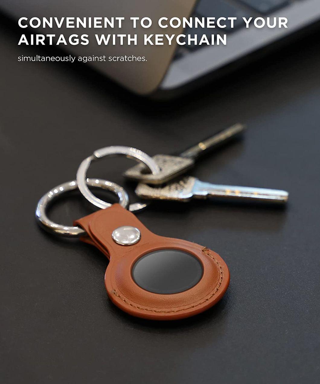 Airtag Case Genuine Leather, Protective Airtags Case Cover with Anti-Lost Keychain