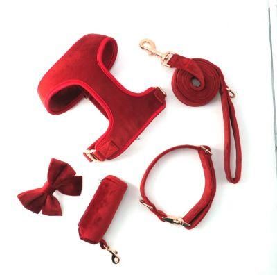 Custom Brand Logo Velvet Dog Collar and Leash Soft and Comfortable Adjustable Durable Velvet Pet Dog Collar Harness Leash Set