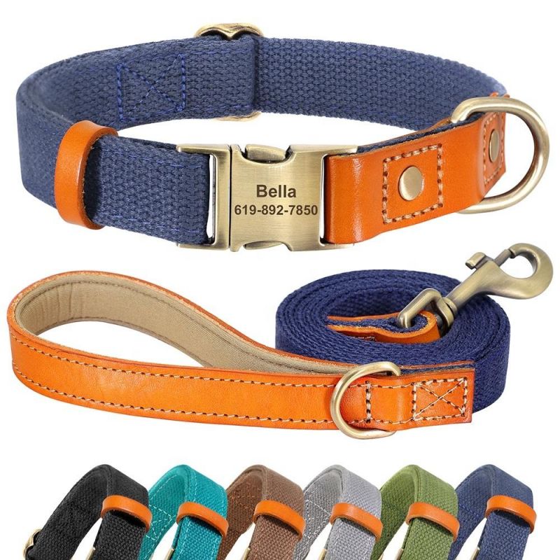 Hot Sales Genuine Leather Matching Polyester Cotton Pet Dog Collar and Leash Set