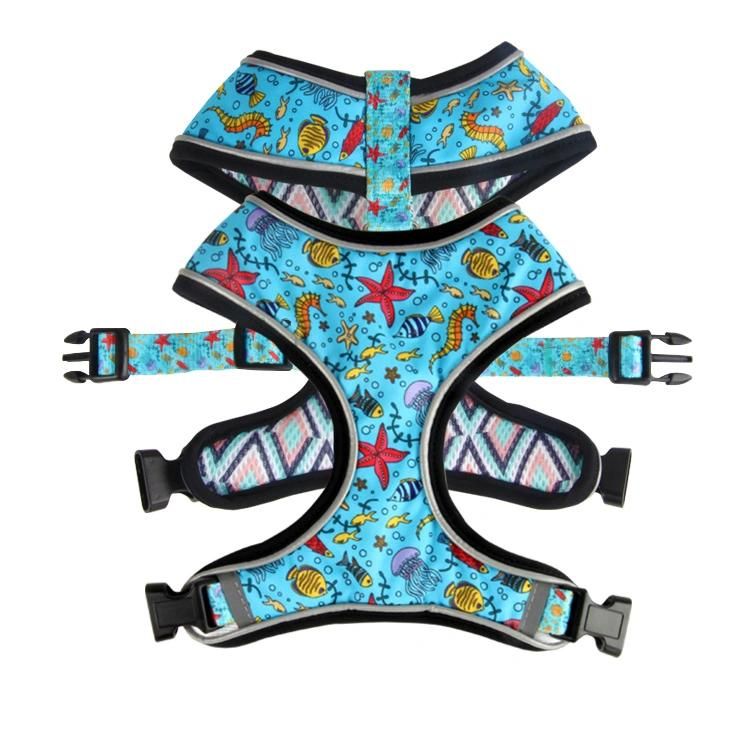 Custom New Design Cute and Safe Reversible Wear Comfort Neoprene Fabric Pet Dog Harness with Matching Collar Leash