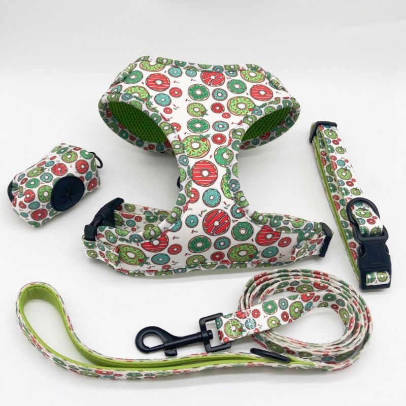 Custom High Quality Pattern Luxury Printed Adjustable Reversible Collar Leash Bandana Set Dog Harness