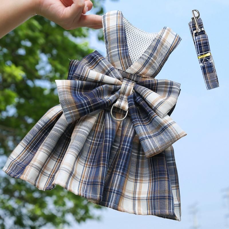 Plaid Pet Harness Vest with Dog Leash Bowknot Princess Dog Dress Puppy Costume Clothes