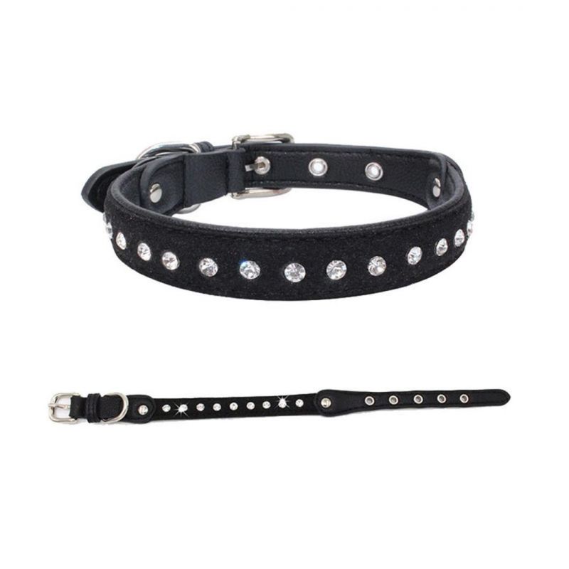 Cute Pet Collar Dazzling Sparkling Suede Leather 1 Rows Bling Rhinestone Cat Collar