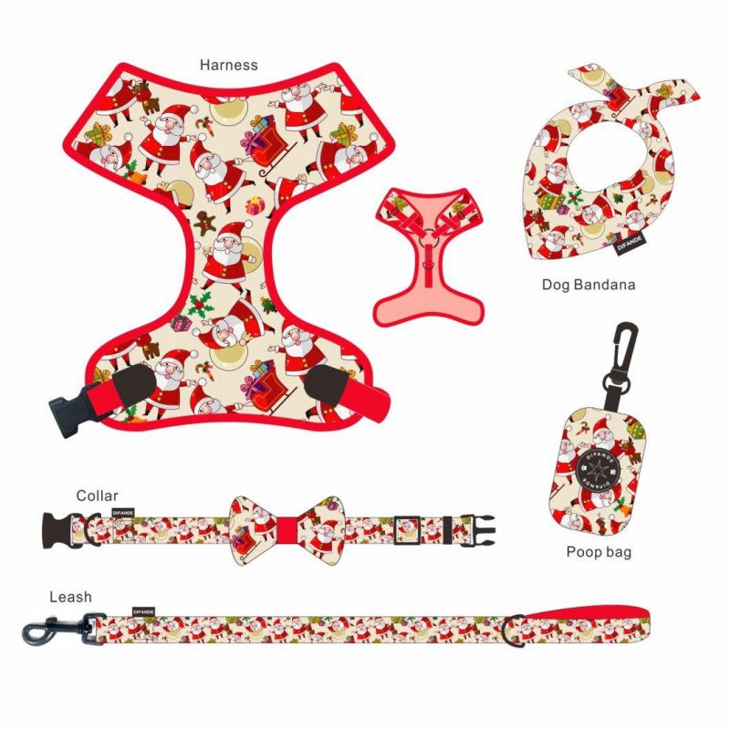 Manufacturer Custom Leash and Collar Set Adjustable Neoprene Christmas Style Dog Harness Bowtie 7 PCS Set