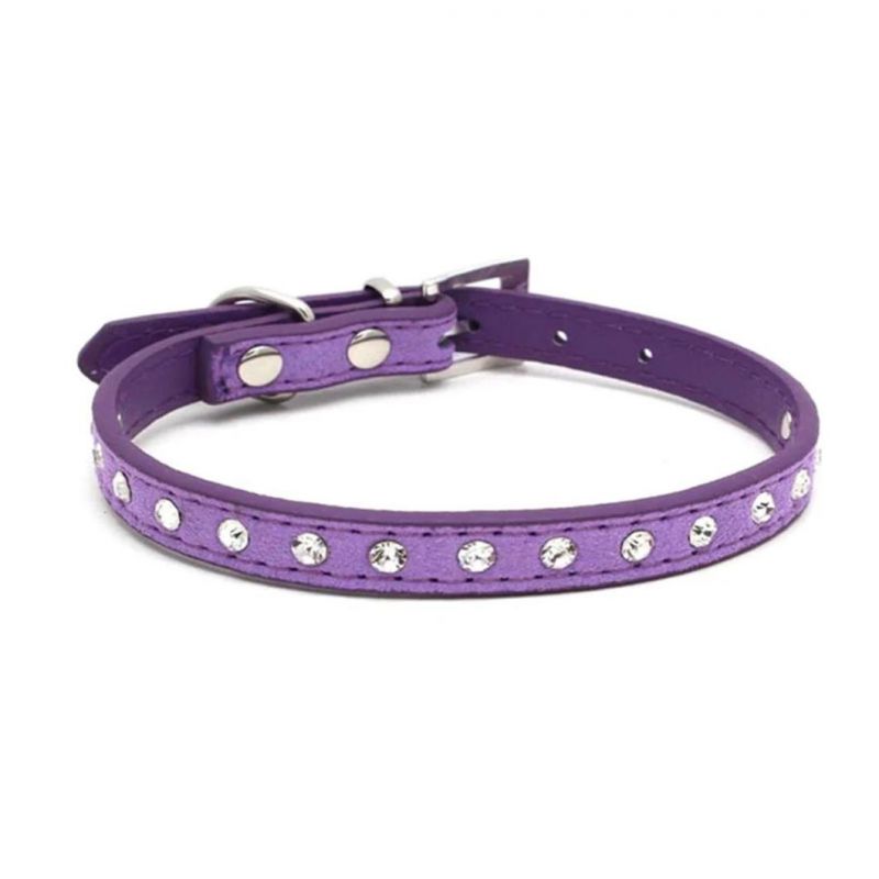 One Row Bling Diamond Cat Collar Suede Leather Pet Collar