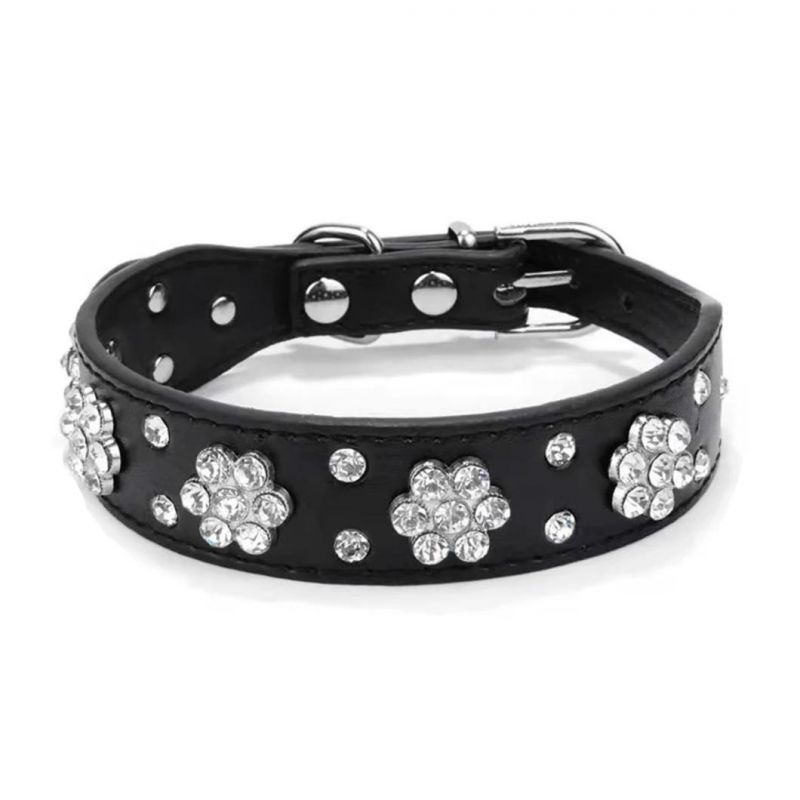 Rhinestones Flower Dog Collars Crystal Diamonds Studded PU Leather Pet Collar