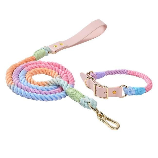 Custom Pet Collar Leash Set Ombre Braided Cotton Rope Rainbow Adjustable Soft PU Leather Dog Leash and Collar