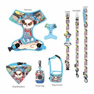 Fashionable China Design 6 in 1 Reversible Dog Harness Neoprene Custom Adjustable Collar Bow Leash Harness and Bandana Sets