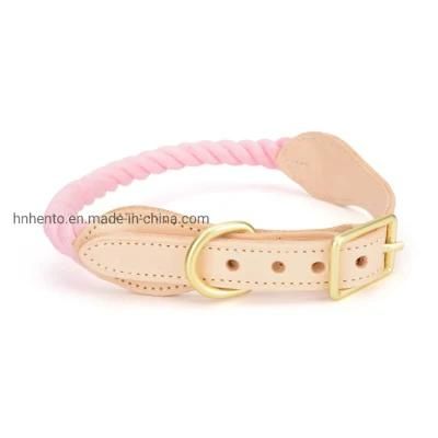 Natural Braided Green Dog Pet Collar Traction Cotton Rope Cow Leather Collar