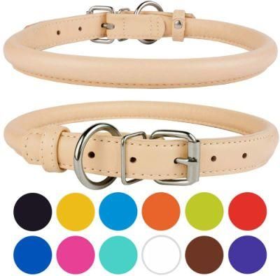 Rolled Leather Dog Collar Soft Padded Round Puppy Collar with Multiple Colors