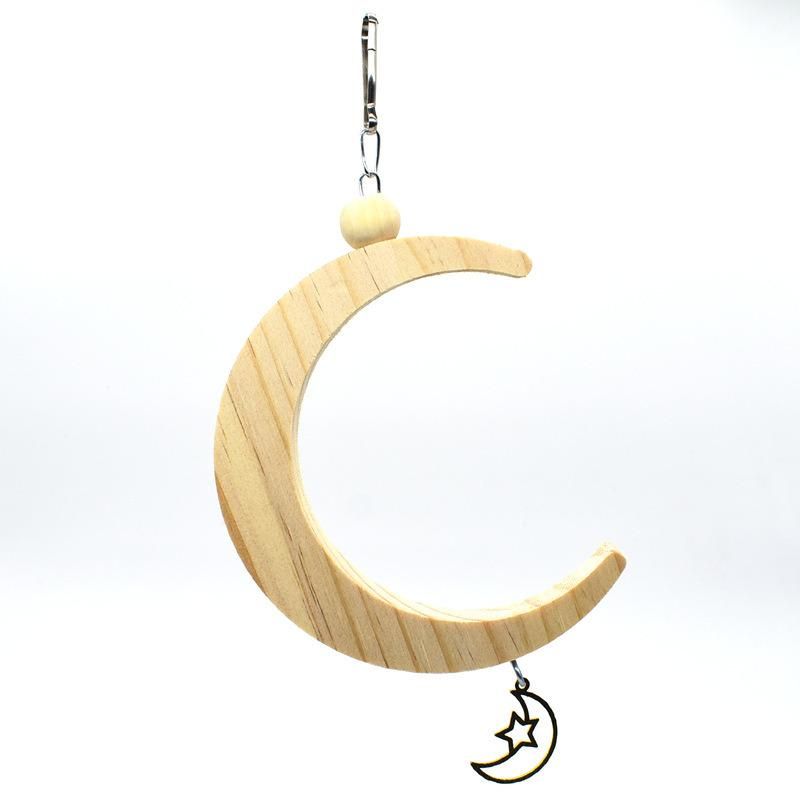 Toy for Small Birds Parakeet Hanging Swing Moon Shape Natural Wood Swing Bird Toys with Bells