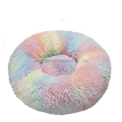 Cute Designer Canvas Pet Fluffy Polyester Fiber Removable Cover Round Cozy Calming Donut Dog Beds