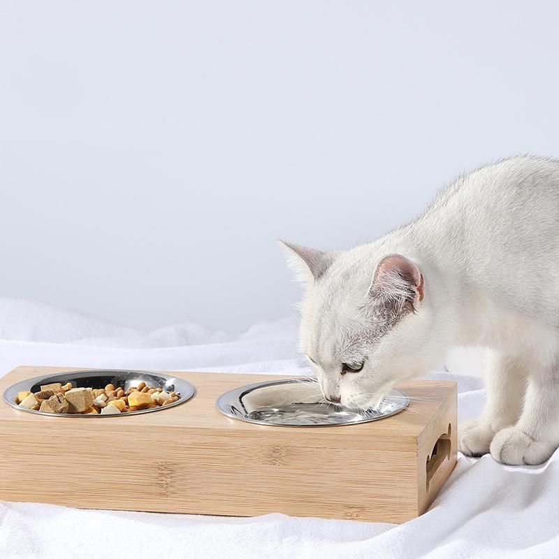Bamboo Pet Feeder Stainless Steel Bowl Food Water Dish