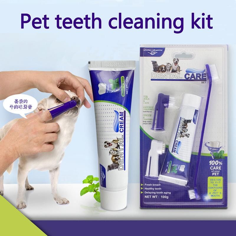 Puppy Beef Taste Toothbrush Toothpaste Dog Cat Finger Brush Set