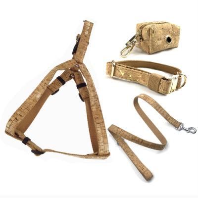 2021 New Eco Friendly Cork Leather Materials Hemp Webbing Dog Collar Leash and Harness Set with Poop Bag Dispenser