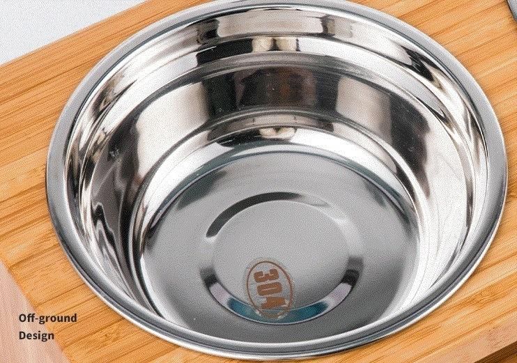 Acacia Wood Dog Cat Pet Feeder & Double Stainless Steel Bowls
