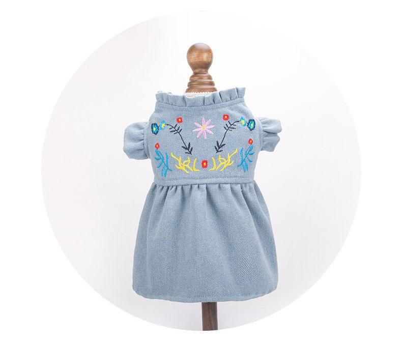 Pet Embroidered Pleated Princess Dress Spring Summer Dog Clothes Teddy Denim Skirt Shin Clothing