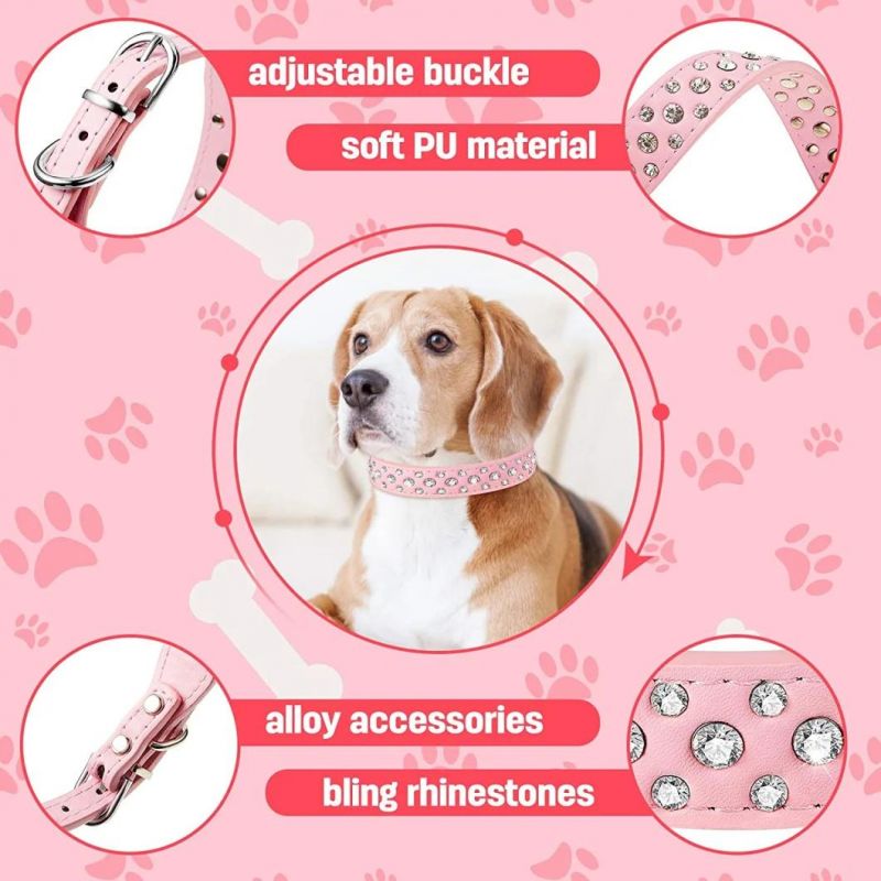 Three Rows Sparkling Rhinestones Pet Collar Durable PU Dog Collar