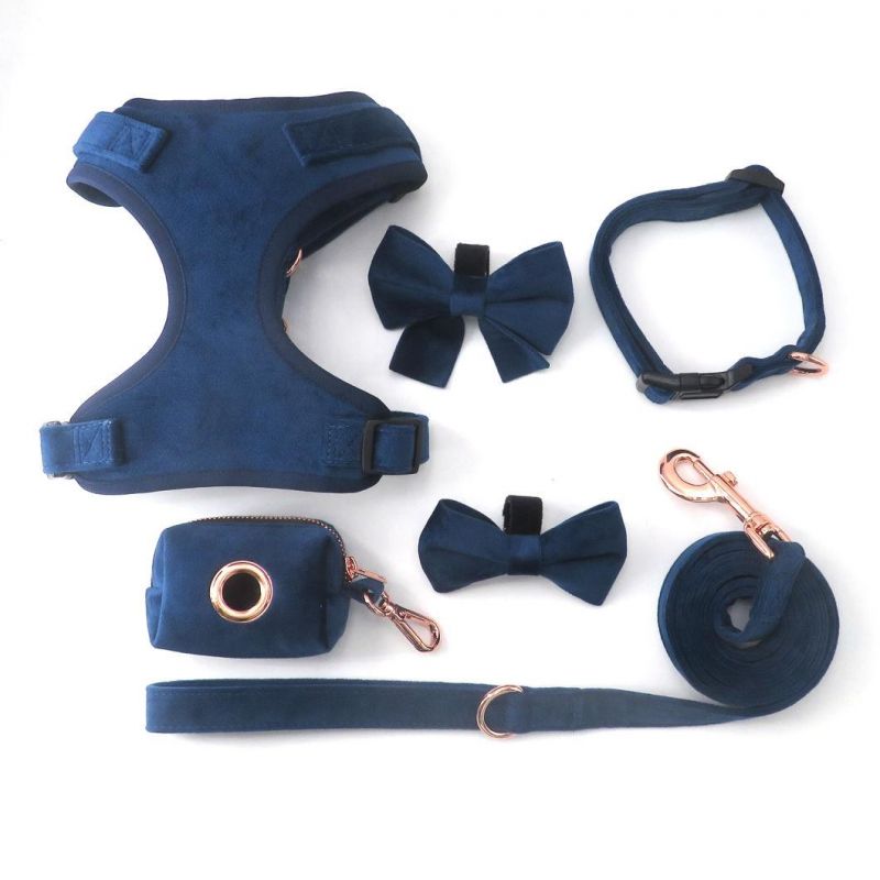 High Quality Soft No Pull Pet Adjustable Velvet Dog Harness Leash Collar Poop Bag Holder Set