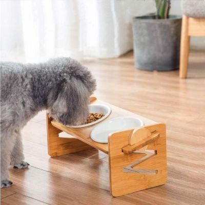 Bamboo Cat Dog Feeder Pet Food Water Bowls Stand Feeder