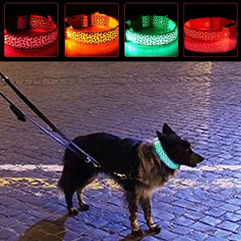 Dog Collar Adjustable Leopard LED Lighting Glow in Dark Cat Safety Collar Pet Products