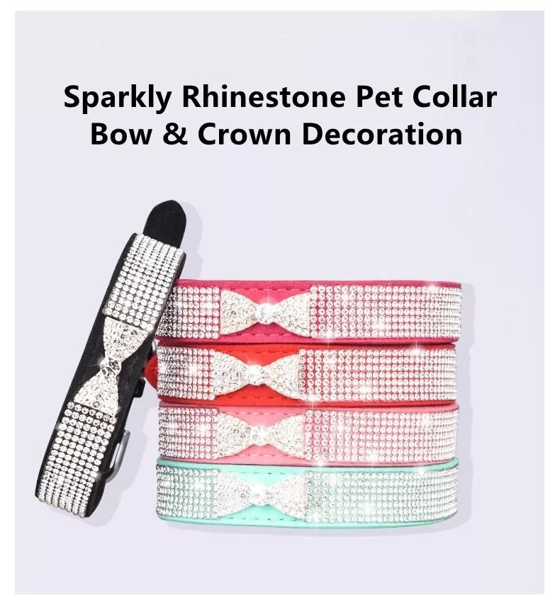 Amazon Hot Selling Bow Crown Pet Cat Collars Jeweled Genuine Leather Dogs Collar