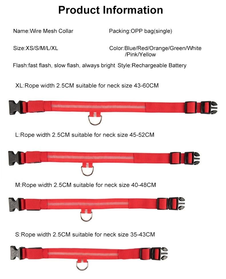 USB Rechargeable Available in 6 Colors 6 Sizes LED Dog Collar Makes Your Dog Visible Safe//