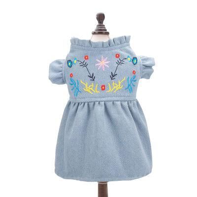 Pet Embroidered Pleated Princess Dress Spring Summer Dog Clothes Teddy Denim Skirt Shin Clothing