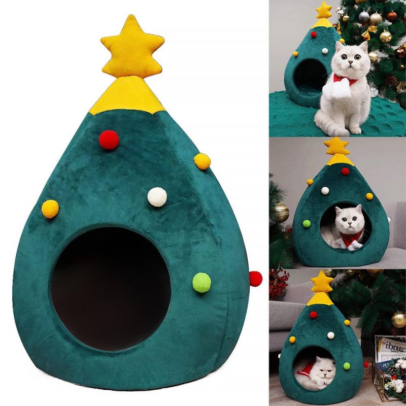 Christmas Tree Shape Velvet Cat Cave Warm Washable Pet Bed House Wholesale Price