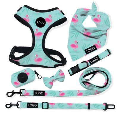 Flamingo Custom Design Dog Harness Set Within Cushioned Air Mesh Neoprene Dog Collar Polyester Dog Bandana Bow Tie