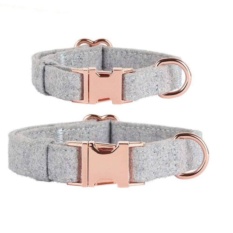 Grey Soft Tweed Dog Collar with Rose Gold Buckle for Dogs