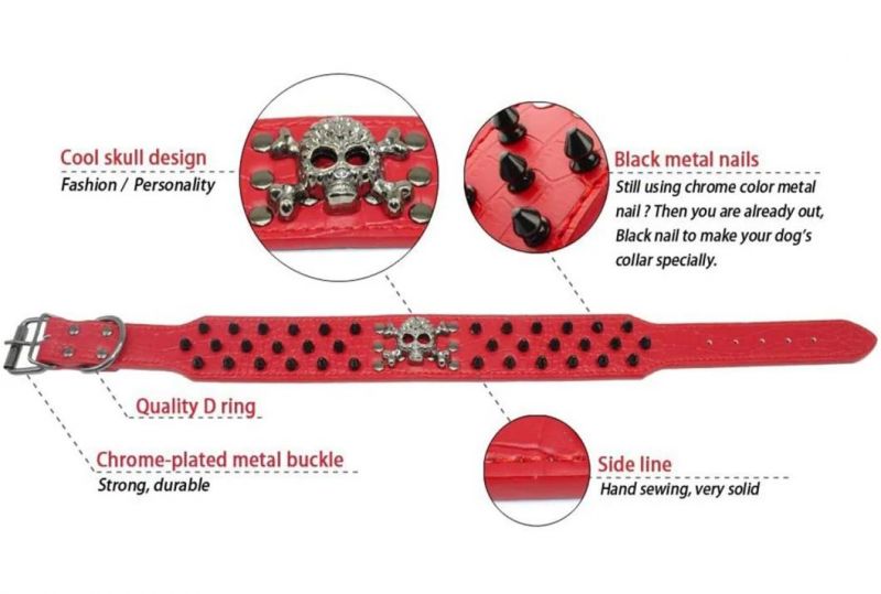 PU Dog Collar Popular Spiked Rivets Studded with Skull Design Pet Collar