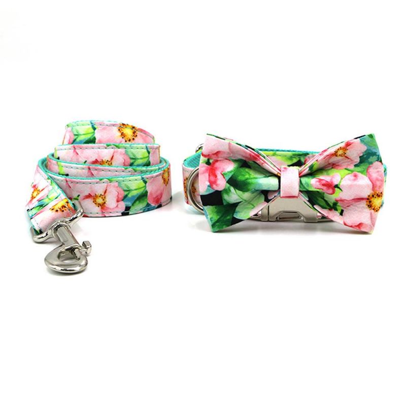 Pet Accessories New Arrival Personalized Girl Dogs Bowtie Floral Patterns Green Cotton Webbing Dog Collar Leash Set