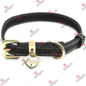 Real Black Leather Double Sewing Design Cats Collars (PC15121412)