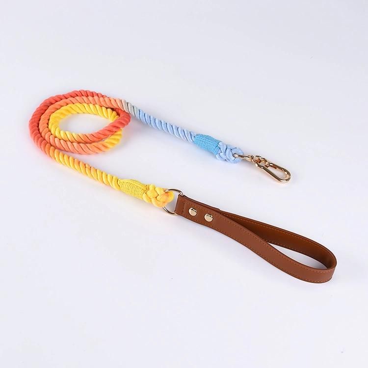 Dropshipper and Wholesale Designers Manufacture Luxury Eco Soft Vegan PU Leather Handle with Braided Multi-Color Rope Dog Leash