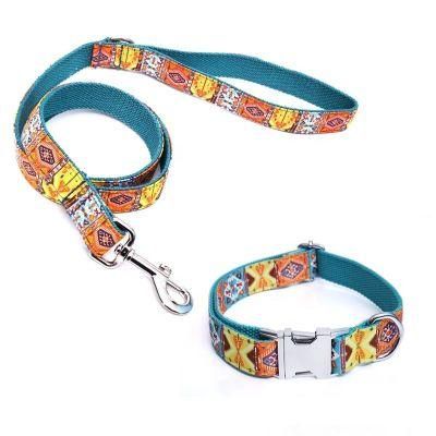 Luxury Design Printed Polyester Dog Collar with Custom Quick Release Buckle with Match Long Dog Rope Leash