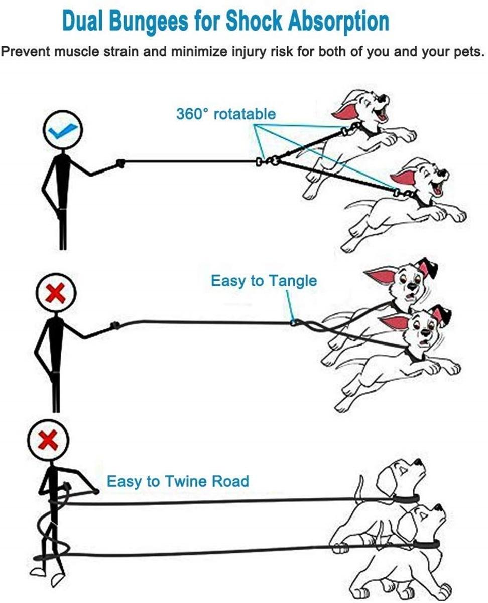 Comfortable Shock Absorbing Reflective Bungee Lead Walk 2 Dogs with Ease