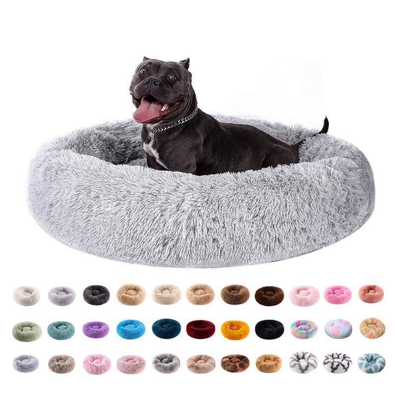 Long Faux Fur Pet Bed Comfortable Waterproof Plush Donut Round Dog Bed Dropshipping Soft Washable Cat Bed Removable Pet Cushion