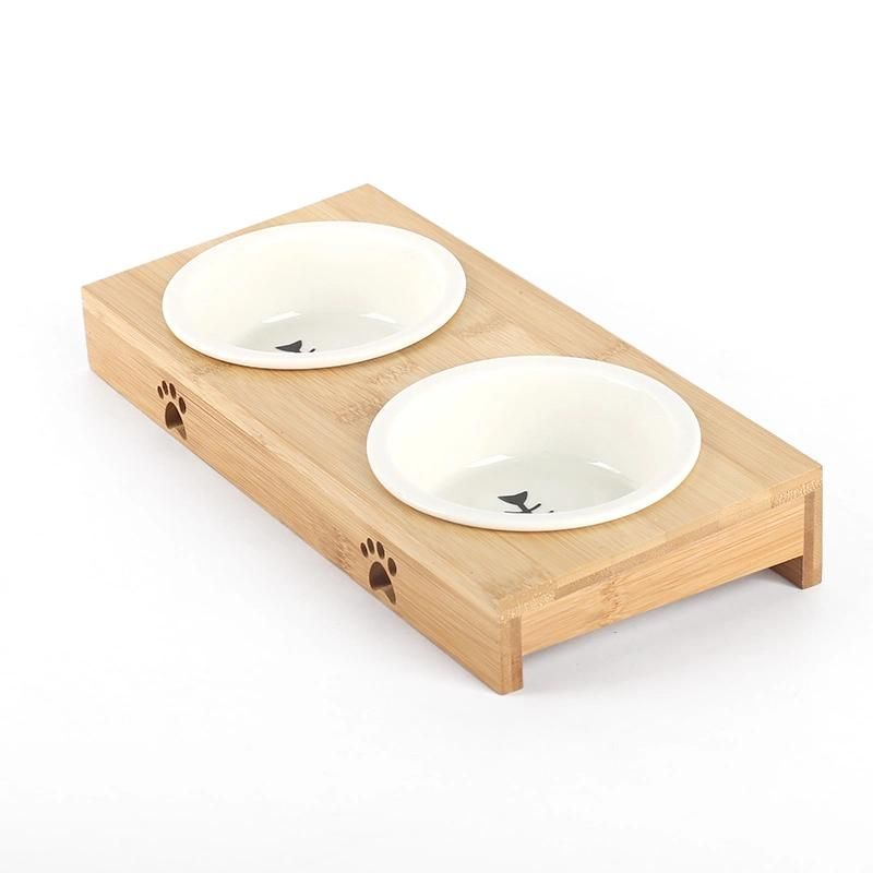 Double Stainless Steel Pet Bowl with Waterproof Bamboo Stand