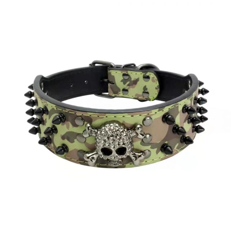 Dog PU Leather Collar with Cool Skull and Spiked Rivets Studded Pet Collar