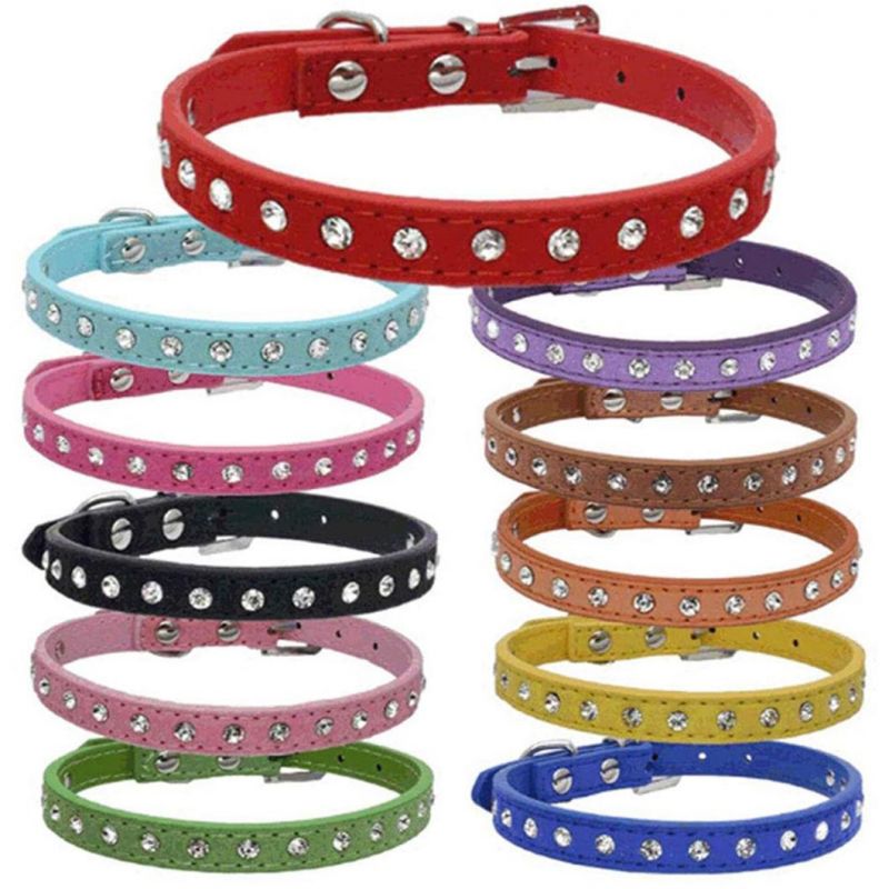 Cute Pet Collar Dazzling Sparkling Suede Leather 1 Rows Bling Rhinestone Cat Collar