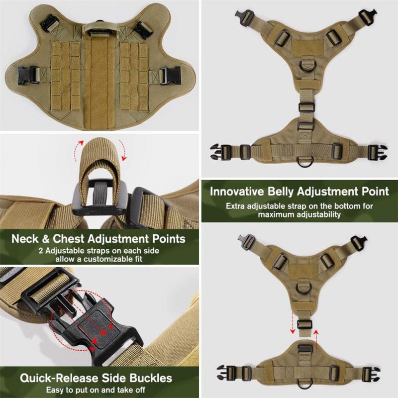 Military Working Dog Vest Tactical Dog Harness Vest Large with Metal Buckles & Loop Panels, No-Pull Adjustable Training Harness