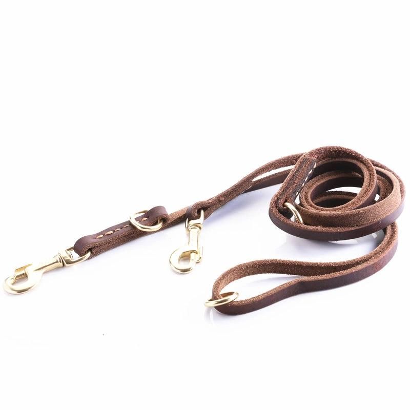 Factory Wholesale Handmade Leather Dog Leash with Two Training Loops.