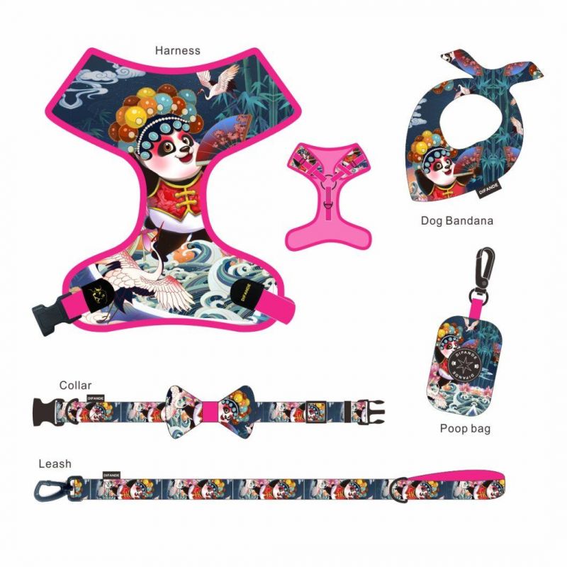 Manufacturers Designer Custom Pattern Luxury Printed Mesh 6 in 1 Reversible Dog Harness Collar Leash Bandana Set